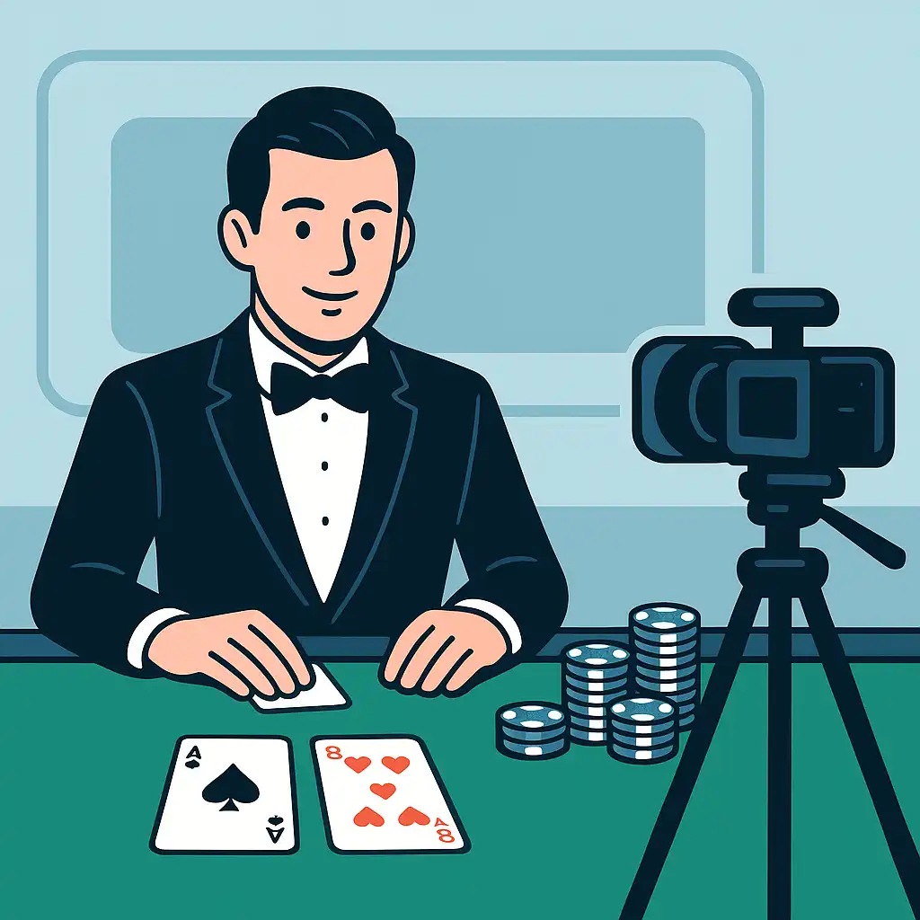 Live casino table with a professional dealer and playing cards