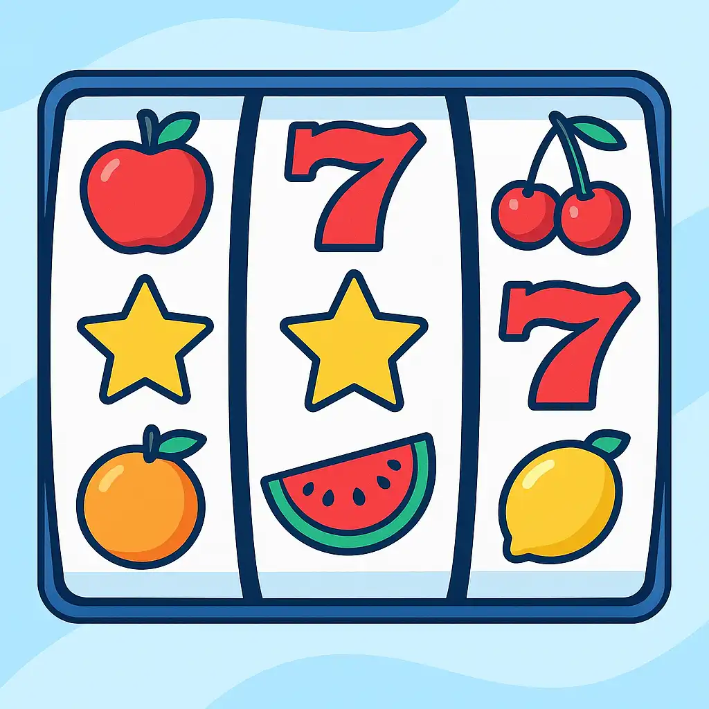 Colourful slot machine reels with fruit and seven symbols