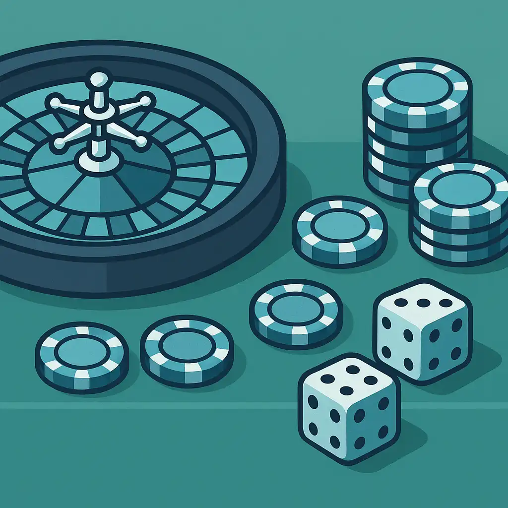Table game with poker chips and dice on green felt